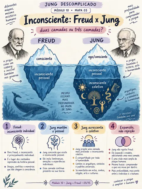 Mapa Inconsciente pessoal (Freud) × inconsciente coletivo (Jung), do Jung Descomplicado, módulo 10