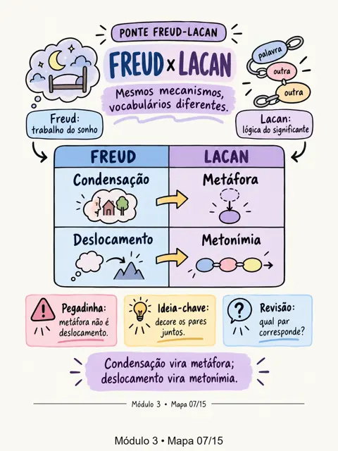 Mapa Condensação/deslocamento (Freud) × metáfora/metonímia (Lacan), do Lacan Descomplicado, módulo 3