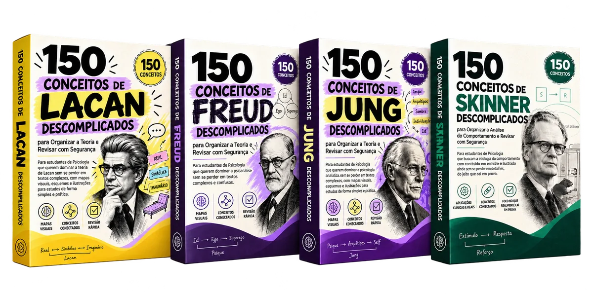 Os quatro livros da coleção em caixa, lado a lado: 150 Conceitos de Lacan, de Freud, de Jung e de Skinner Descomplicados