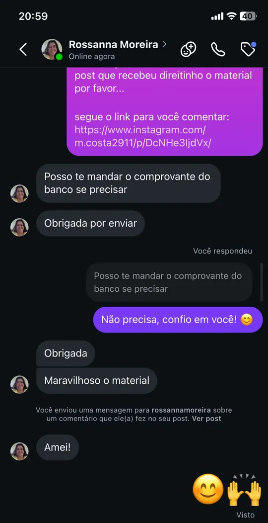 Rossanna Moreira diz que o material é maravilhoso e que amou.